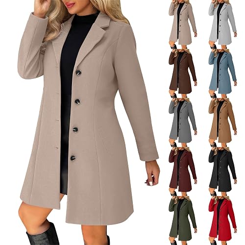 tacniseyw Trench Coats For Women Wool Blend Single Breasted Trench Coats Windproof Thicken Warm Pea Coats Lapel Collar Button Down Mid-Length Overcoat Solid Elegant Outwear Fall Winter Jackets