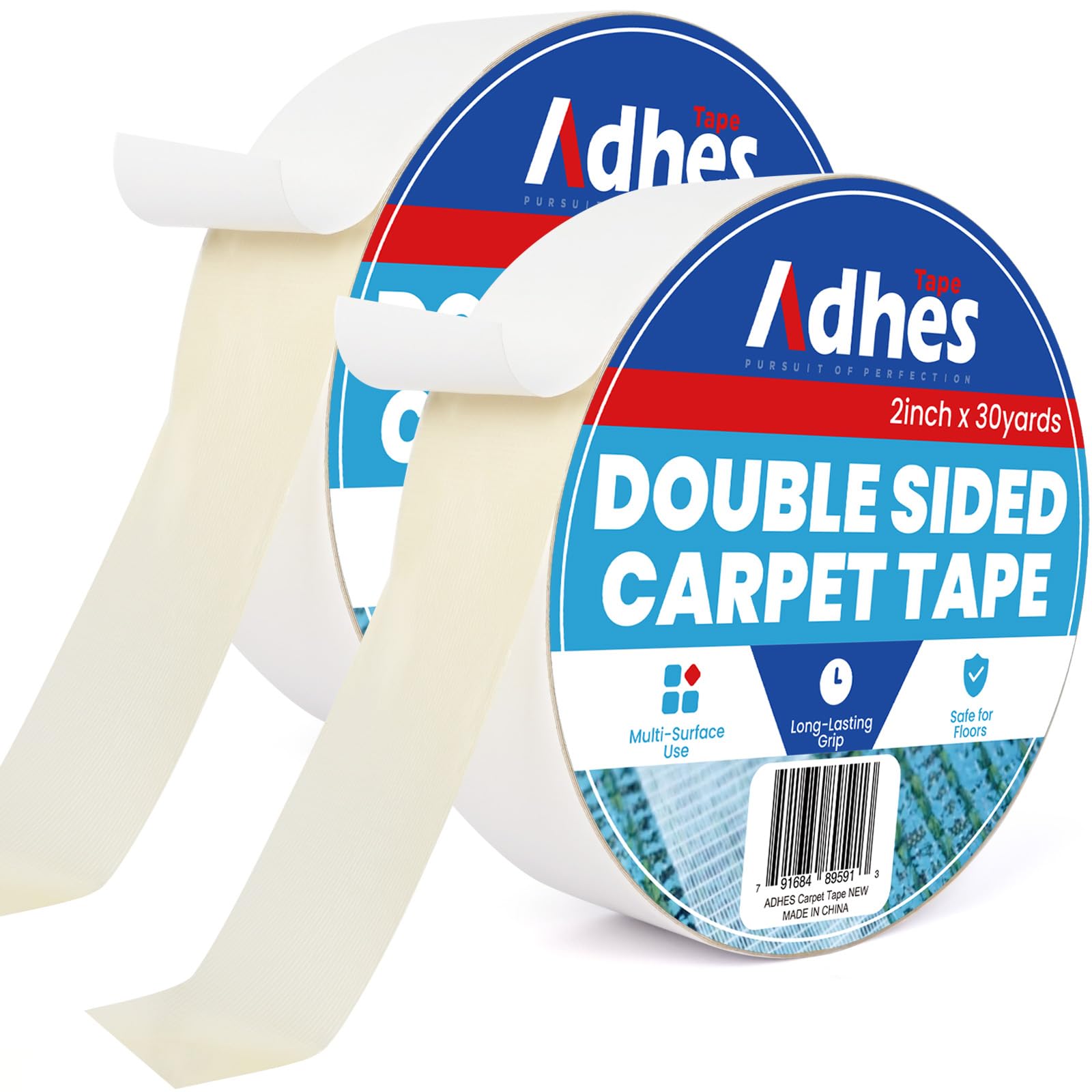 ADHES Heavy Duty Double Sided Carpet Tape, White 50MM x 27M x 2 Roll Removable and Residue-Free Non Slip Rug Gripper for Hardwood Floors, Tape for Rugs Carpet Grippers and Anti-Slip Grips