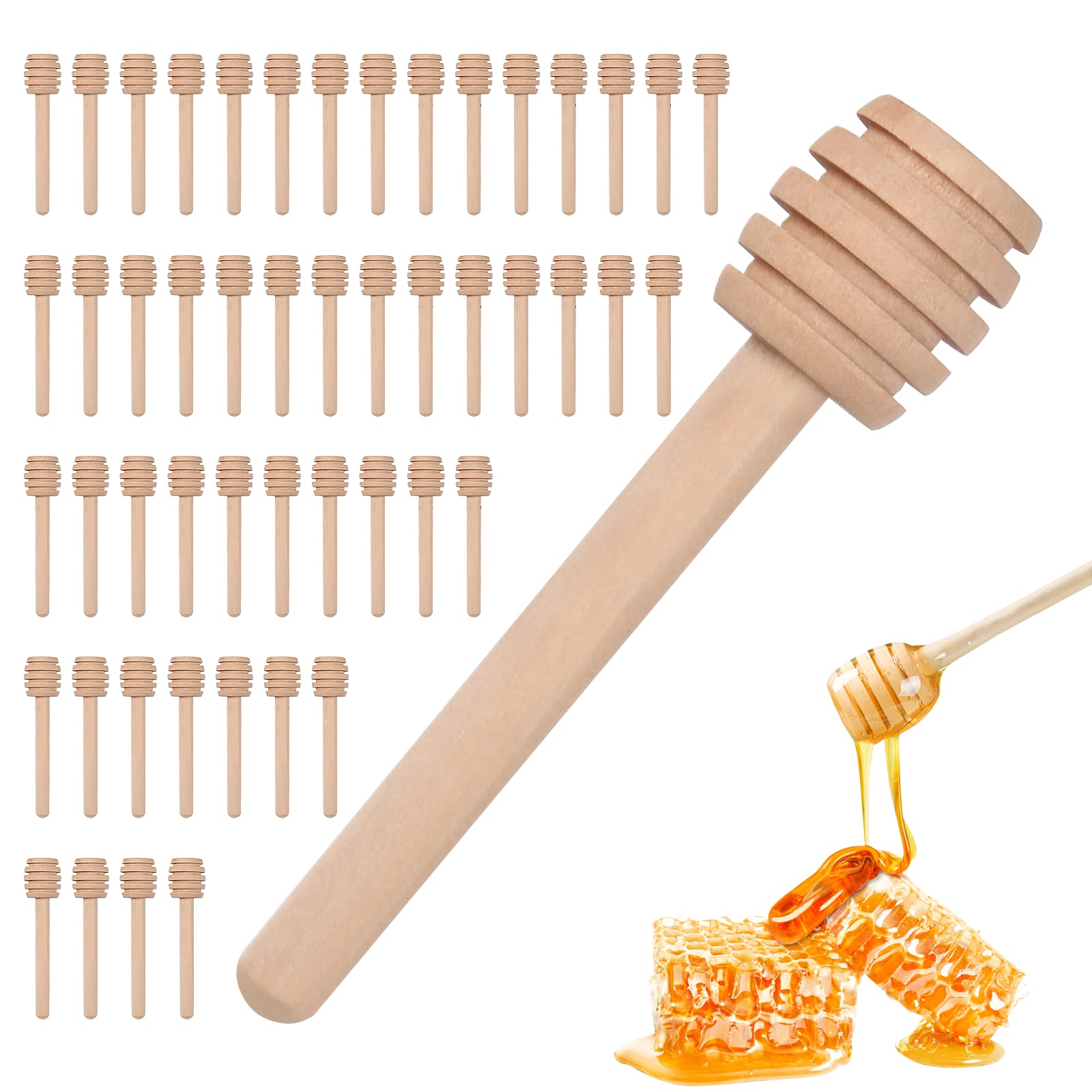 50 Pcs Wooden Honey Sticks, 8.2cm Individually Wrapped Honey Dipper Sticks, Dispense Drizzle Honey, Household Mini Honey Dippers, Honey Spoon, for Jam Honey Collecting Stirring Honey Jar Use