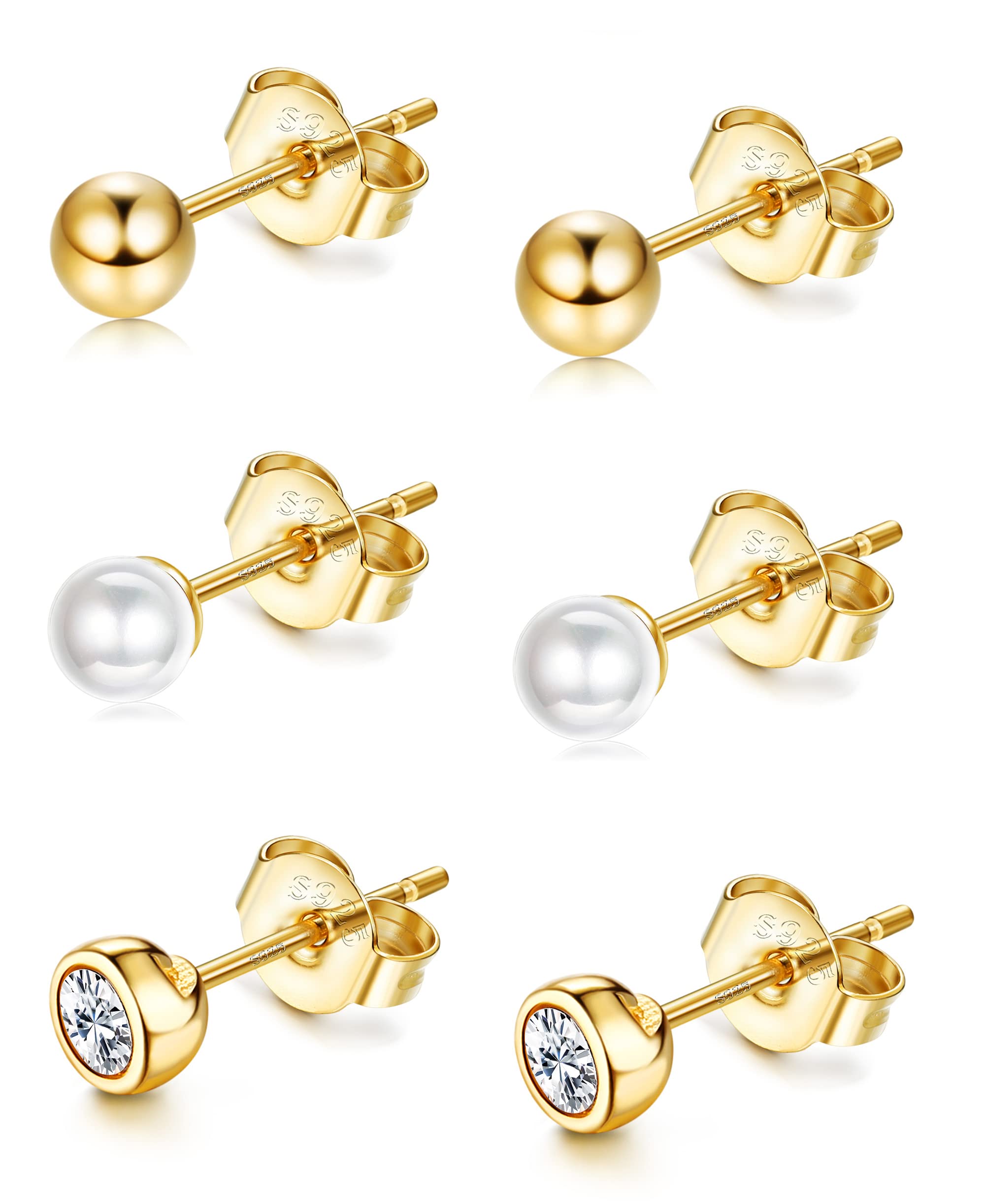 KALVICA 3 Pairs 925 Sterling Silver Stud Earrings Set for Women Girls, Hypoallergenic Stud Earrings Cubic Zirconia Ball Pearl, Small/Tiny Sleeper Cartilage Studs Silver/Gold Size 4MM