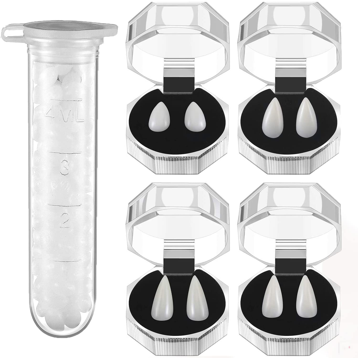 Vampire Teeth,5 Pieces Vampire Fangs Kit 4Sizes Custom Fangs Vampire Teeth Fake Dentures with 1 Tube Teeth Pellets Adhesive，Halloween Party Cosplay Props