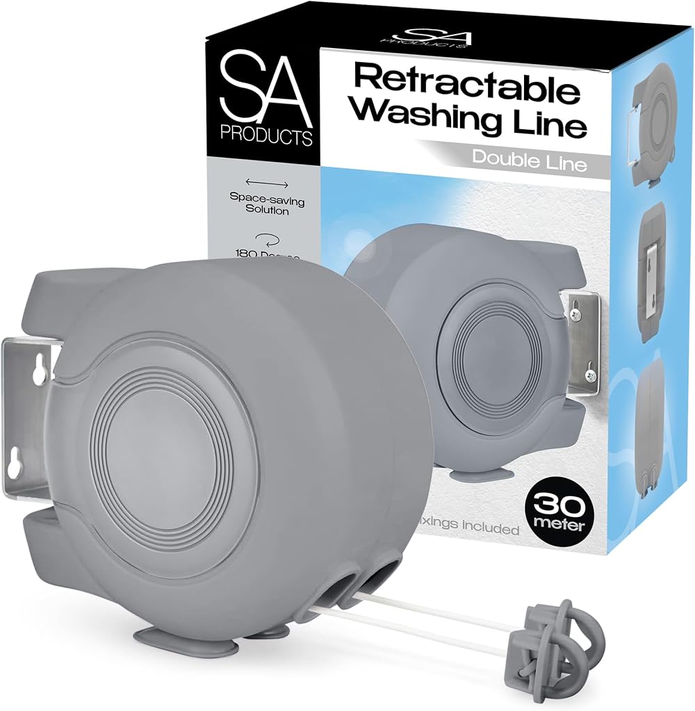 SA Products Wall Mounted Twin Cable Retractable Washing Line 30m Grey