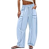 Ceputer Women Summer Drawstring Baggy Wide Leg Pants Casual High Waist Palazzo Lounge Pants with Pockets