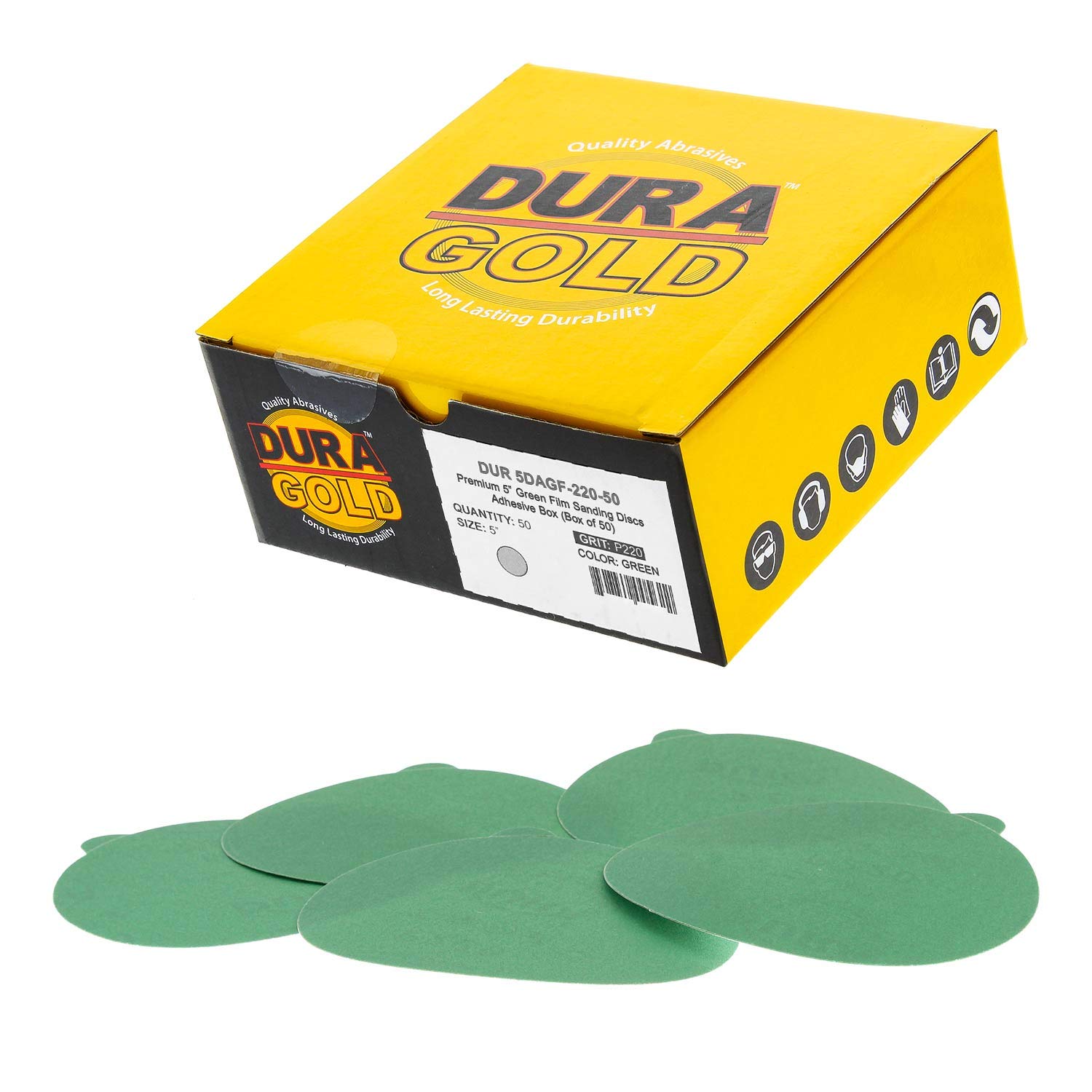 Photo 1 of Dura-Gold Premium 5" Green Film PSA Sanding Discs - 220 Grit (Box of 50) - Film Back Self Adhesive Stickyback Sandpaper Discs for DA Sanders, Fast Cut Abrasive - Sand Automotive Paint Woodworking Wood
