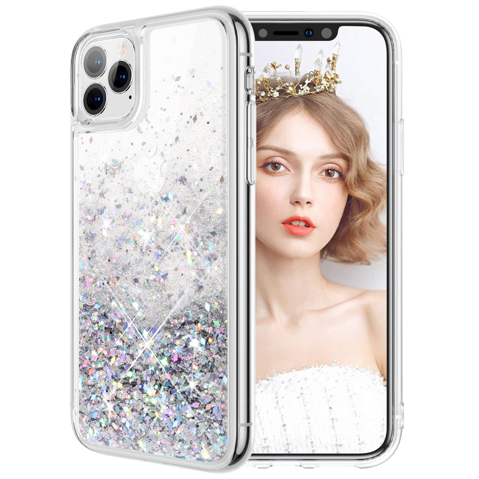 wlooo iPhone 11 Pro Max Glitter Case, iPhone 11 Pro Max Case, Sparkle Liquid Crystal Shiny Moving Quicksand Slim Transparent Flowing Floating Soft TPU Bumper Silicone Shockproof Protective Case Silver