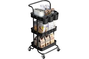 alvorog 3-Tier Rolling Utility Cart Storage Shelves Multifunction Storage Trolley Service Cart with Mesh Basket Handles and Wheels Easy Assembly for Bathroom, Kitchen, Office (Black)