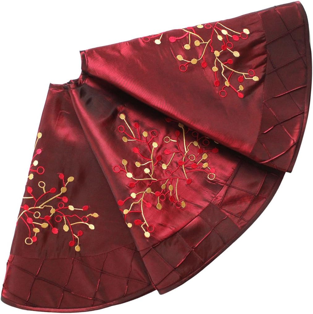 SORRENTO Deluxe Embroidered berry with Handcraft Pintuck Border,Extra Large Burgundy Mini Christmas Tree Skirt-90cm