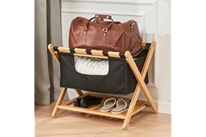 HOPLY Folding Luggage Rack for Guest Room - Fully Assembled Bamboo Suitcase Stand - Sturdy Wooden Luggage Holder with Laundry Bag & Shoe Rack - Airbnb Essential for Hosts, Guest Room Must Haves (Pack of 1)