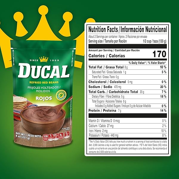 DUCAL REFRIED RED BEANS ORGANIC DOY PACK 8 OZ. INSTANT VEGETARIAN REFRIED RED BEANS, NON-GMO AND GLUTEN-FREE – EXCELLENT SOURCE IN PROTEIN AND IRON, CHOLESTEROL FREE