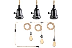 YILIAW Yilliaw 27FT 3 Light Plug in Pendant Lights with Switch & Hemp Rope, Industrial Hanging Light Kit Pendant Light Cord with E26 Socket, DIY Lamp Cord Fixture for Farmhouse Bedroom Living Room Decor