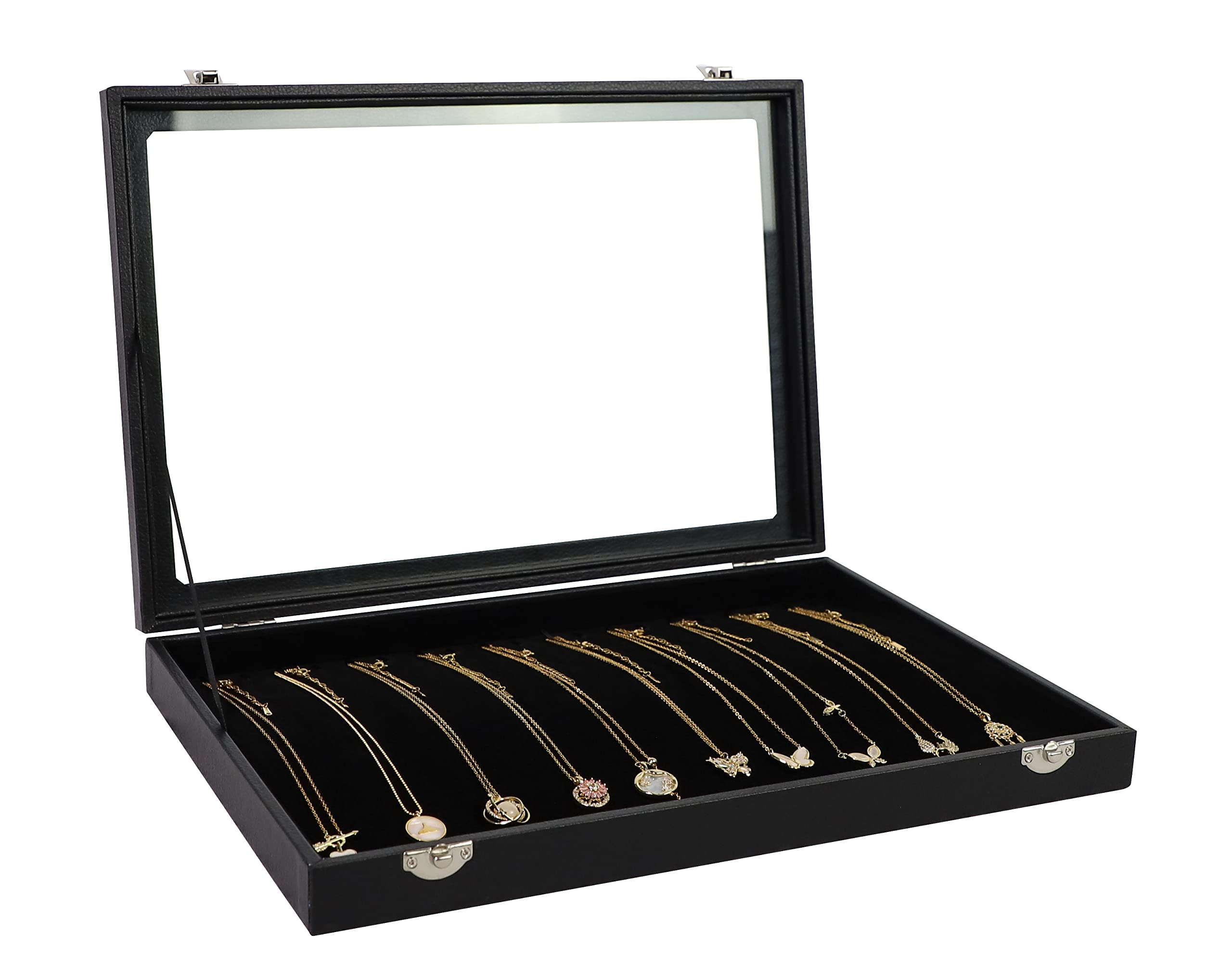 Wudygirl Necklace Organizer 20 Hooks Jewelry Organizer Jewelry Display Stackable Glass Top Lockable Black Velvet Boxes(Necklace Tray)