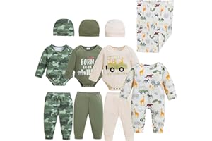 Renotemy Newborn Baby Boy Clothes Essentials 11-Piece Layette Set with Bodysuits, Pants, Hats, Blanket-Infant Unisex Outfit
