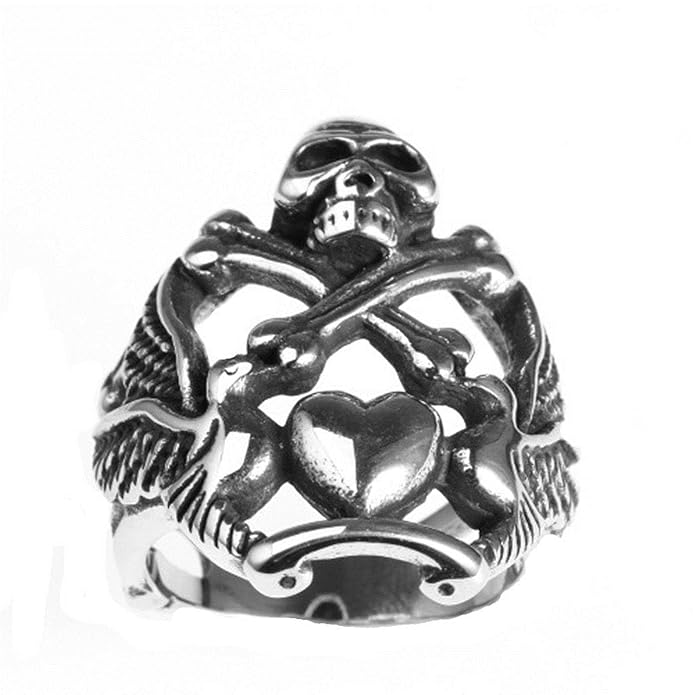 Amody Herren Edelstahl Punk Biker Ringe Evil Wing Schädelring mit Herz und Knochen Silber Gotischer Ring
