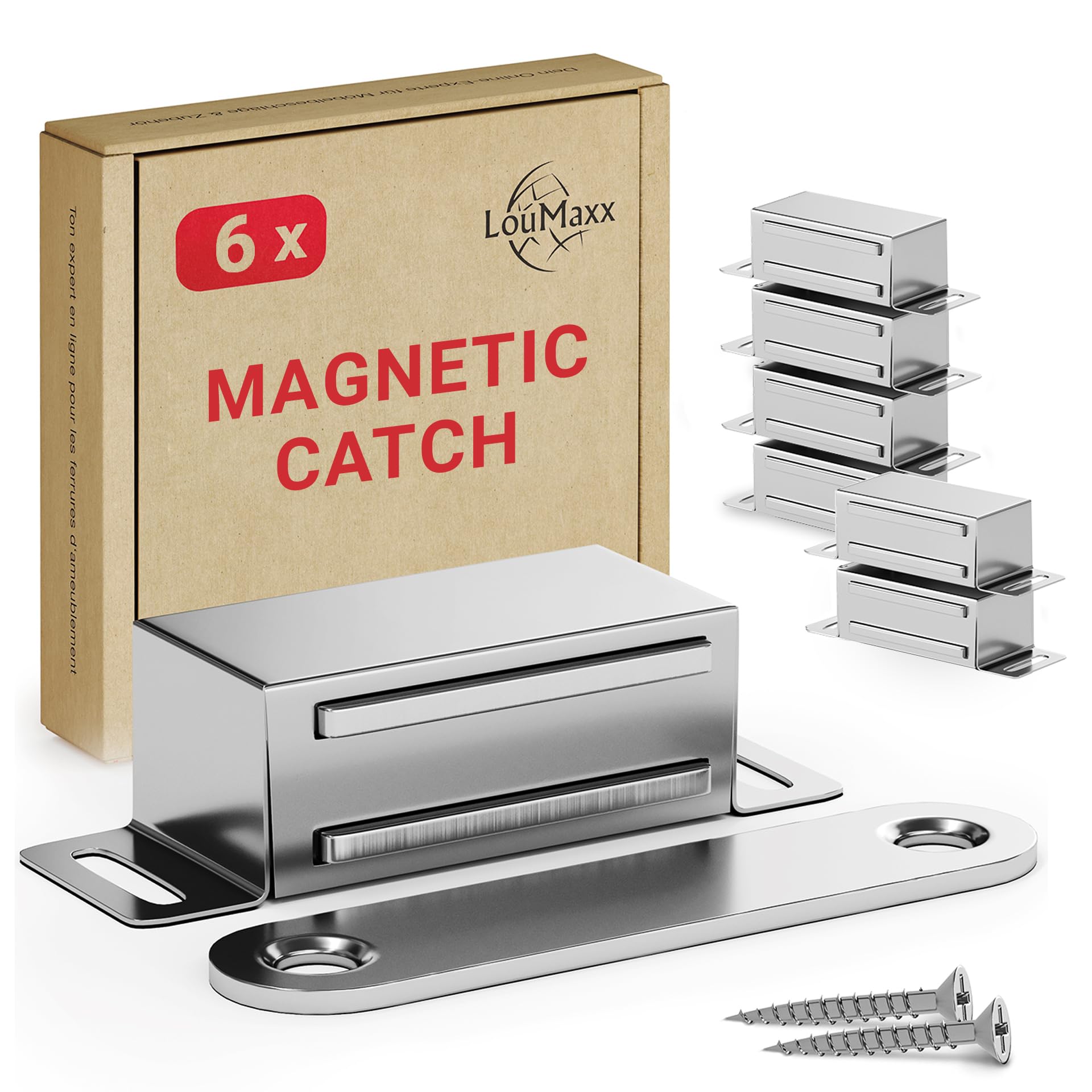 LouMaxx Magnetic Door Catch Strong – Holding Force 6kg – Set of 6 in Stainless Steel – Cabinet Magnets - Door Magnet - Door Magnetic Catch - Magnetic Cabinet Latch - Magnetic Door Latch