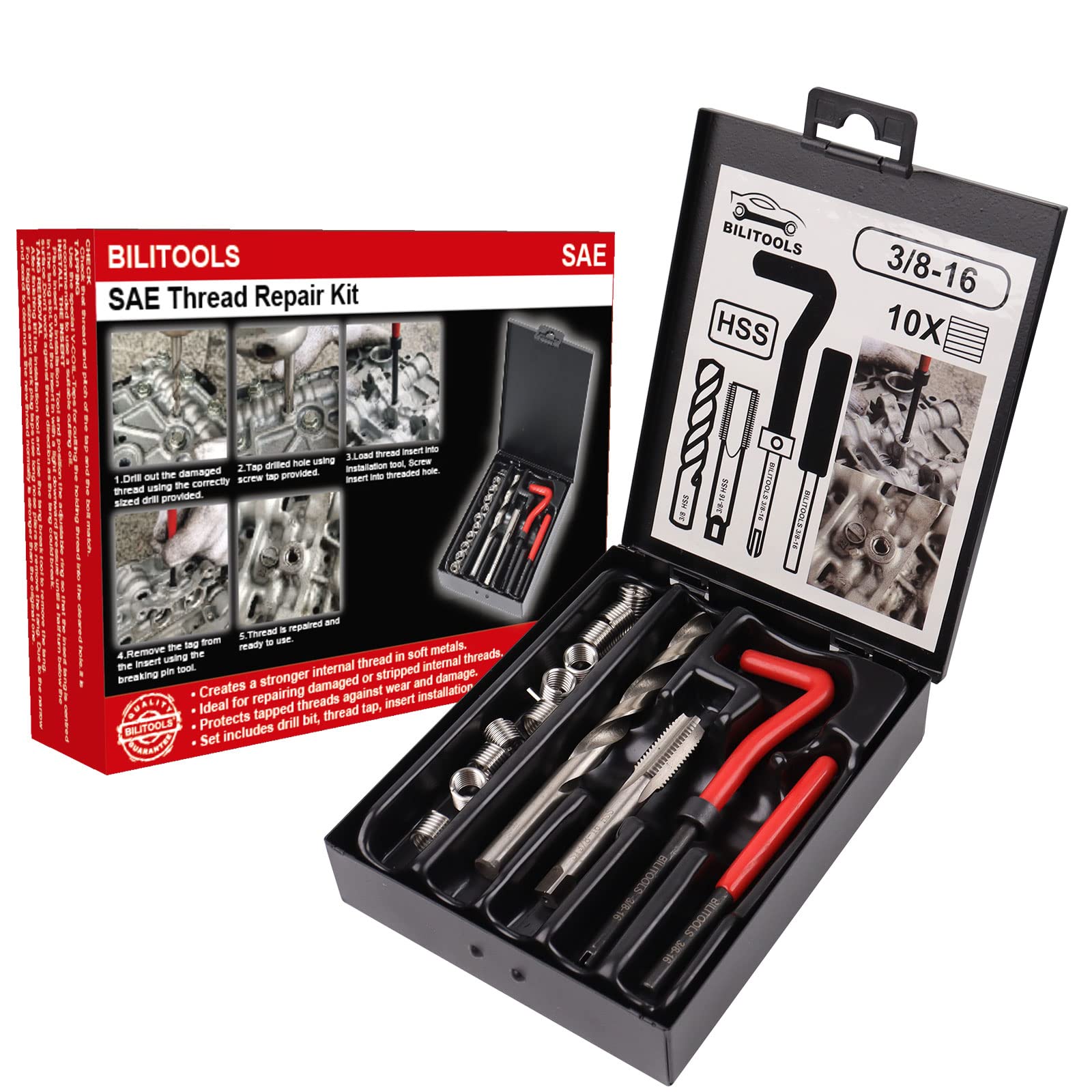 Photo 1 of BILITOOLS 3/8-16 inch Thread Repair Kit, HSS Drill Helicoil Repair Kit SAE