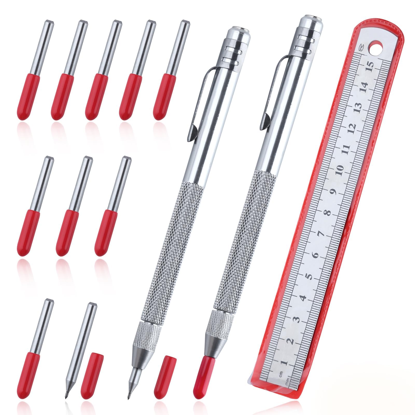 LEONTOOL 2 Pcs Tungsten Steel Scriber with Magnet Replaceable Tip Scriber Tool with Extra 10 Replacement Marking Tip 1 Ruler Etching Engraving Pen for Glass Wood Metal Sheet Leather