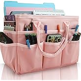 Cupohus Art Organizer Craft Storage Tote Bag with Pockets and Handles, Oxford Fabric Carrying Caddy for Teacher, Officer, Artist, Traveler, and more –Pink