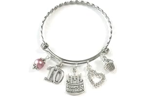 SCRAPHEART 10th BIRTHDAY Bracelet with 60 mm Bangle, 10th Birthday Charm Bracelet, Granddaughter Daughter Gift Idea, Tenth Birthday Gift, 10 Year Old Birthday Bangle