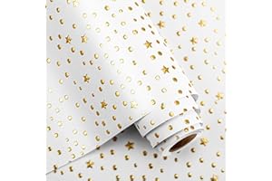 Flyhill White Kraft Eid Wrapping Paper Roll-17x197 Inch (23.4sqft)-Gold 3D Embossed Foil Stars & Polka Dots for Birthdays,Holidays,Weddings,Ramadan