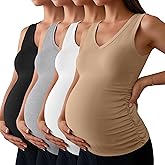 Ficerd 4 Pack Women's Maternity Tank Tops V Neck Summer Side Ruched Sleeveless Cotton Blend Basic Pregnancy Shirts