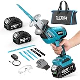 SEESII Reciprocating Saw Cordless with 2 x 4.0Ah Batteries and 6 Saw Blades | Variable Speed 3500 RPM Brushless Motor with LED Light, Tool‑Free Blade Change, Portable for Wood PVC Cutting