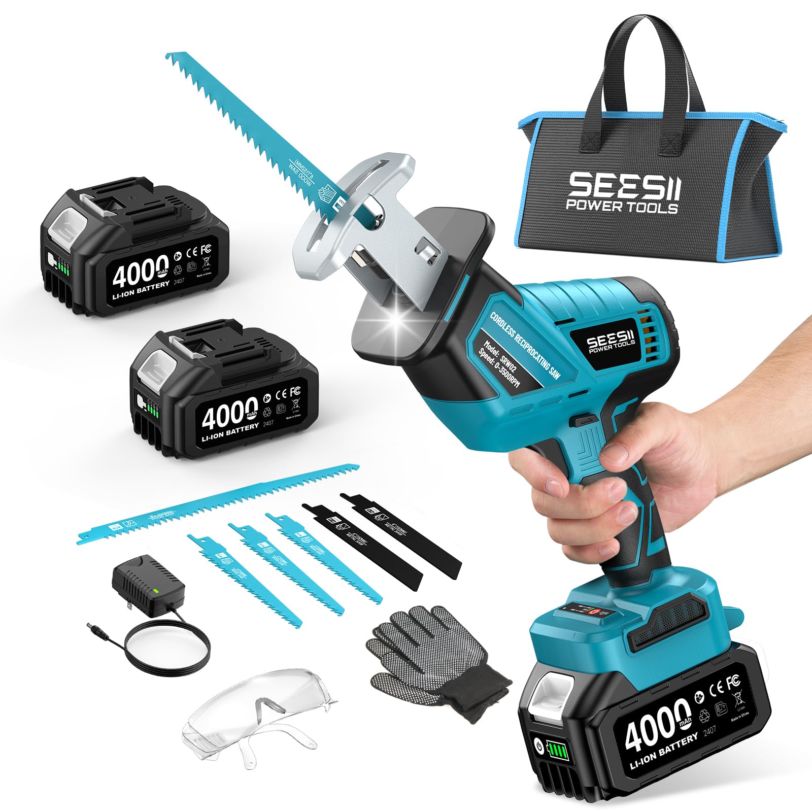 SEESII Säbelsäge Akku, 3500 RPM Bürstenloser Motor Akku Universalsäge mit 2 x 4.0Ah Batterien, LED Licht, 6 Sägeblätter tragbar für Holz PVC Schneiden