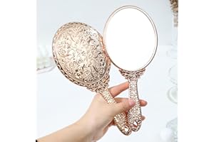 XPXKJ Hand Mirror Vintage Handheld Mirror with Handle Vanity Makeup Mirror Travel Mirrors (Rose Gold, Carved)