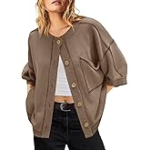 Nirovien Womens 3/4 Sleeve Crewneck Sweatshirt Casual Lightweight Cardigans Fall Button Down Shirts with Pockets