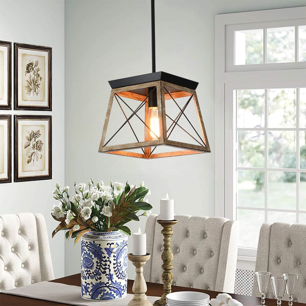 Ganeed Farmhouse Pendant Light Metal Cage Rustic Lantern Chandelier Adjustable Height Hanging Light Fixture for Kitchen Island Dining Room Bedroom Foyer E27 Wood Color 1 Light