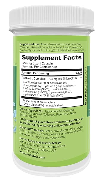 NATURELO PROBIOTICS FOR DIGESTIVE HEALTH, 50 BILLION CFU, 30 VEGETARIAN CAPSULES, 11 STRAINS, DAILY USE SUPPLEMENT, DELAYED RELEASE, NO-FRIDGE, HELPS BOOST IMMUNE SYSTEM, PROBIOTICS FOR WOMEN & MEN