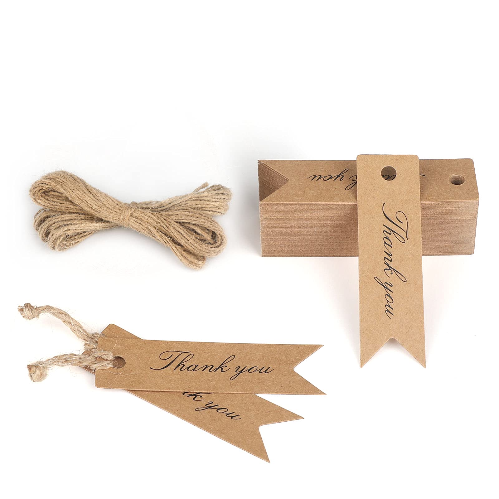jijAcraft 100 Pcs Kraft Paper Mini Tags, Thank You Gift Tags, 7x2 cm Hanging Decoration Labels with Jute Twine for Wedding Favors (Brown)