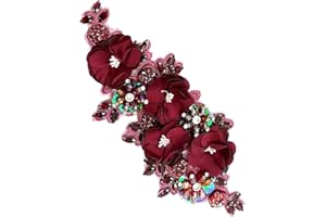 SAIXCCS 1pc Handmade Rhinestone Applique for Clothes, 3D Flower Fabric Patches for Wedding Dress, Bling Beaded Embroidery Lace Applique for Hat Hairband Sewing Embellishment (Burgundy)