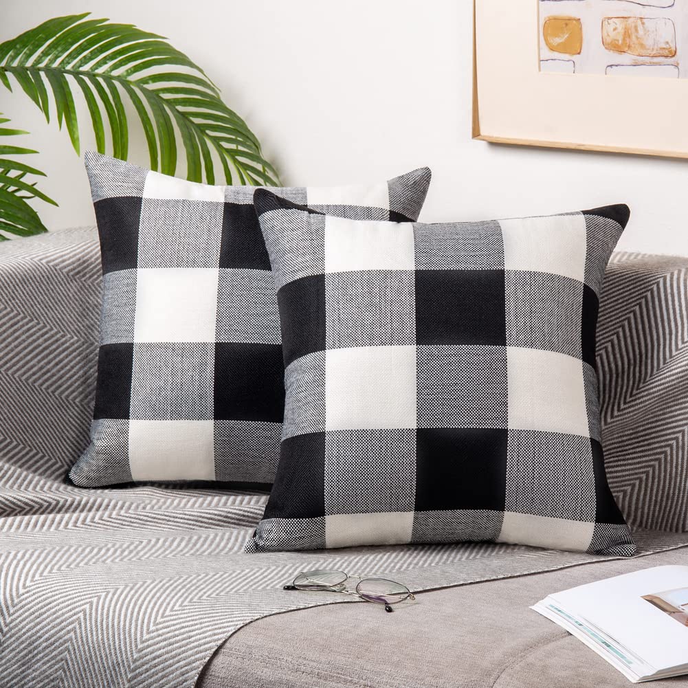 ORANIFUL Buffalo Check Cushion Covers 50cm x 50cm Set of 2 Linen Decorative Square Tartan Throw Pillow Case for Sofa Couch Bed Home Decor Car 20x20 Inches (Black & White)