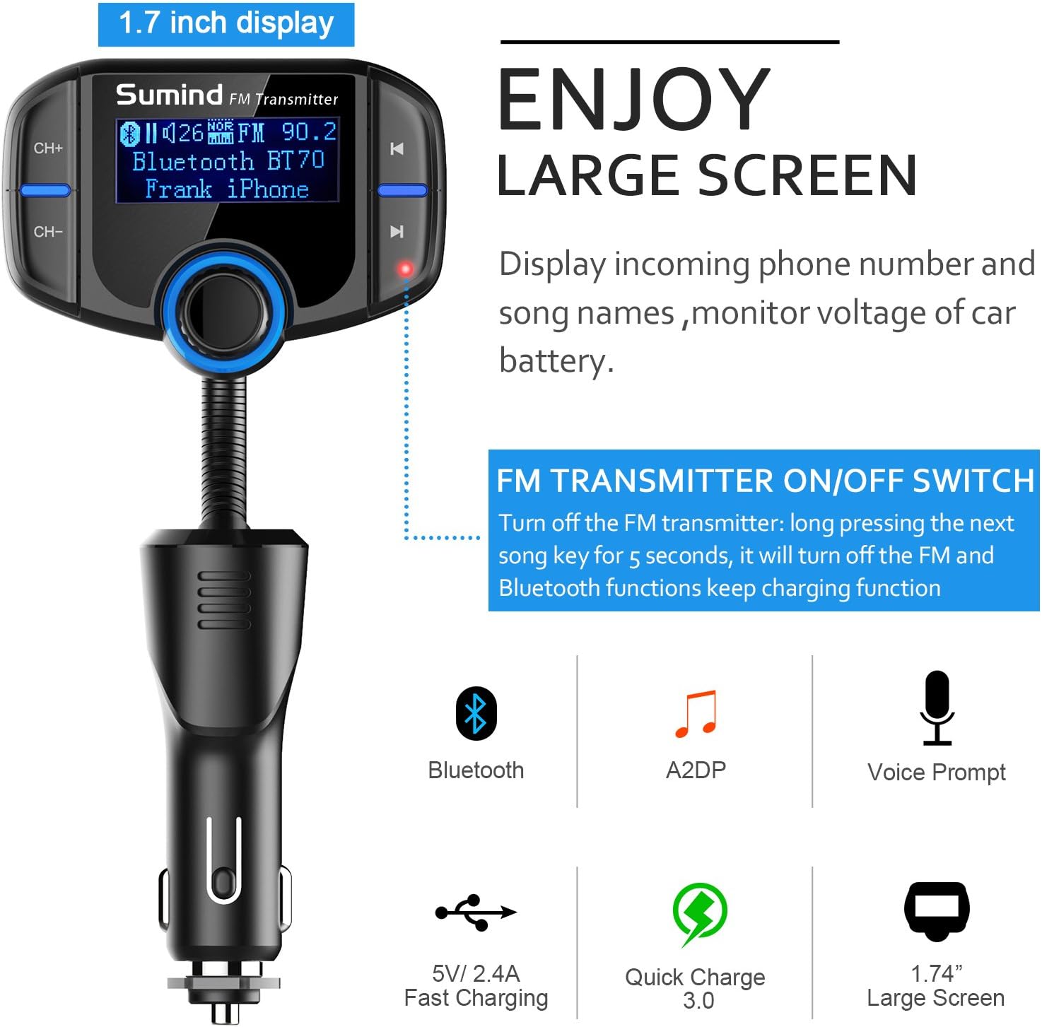 (Upgraded Version) Bluetooth FM Transmitter, Sumind Wireless Radio Adapter Hands-Free Car Kit with 1.7 Inch Display, QC3.0 and Smart 2.4A Dual USB Ports, AUX Input/Output, TF Card Mp3 Player
