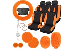 Fulmoon 17 Pcs Car Seat Cover Full Set for Women Fluffy Fuzzy Car Accessories Christmas Front Rear Steering Wheel Fleece Handbrake Shift Covers Hanging Accessory Holder Ring Emblem(Orange)