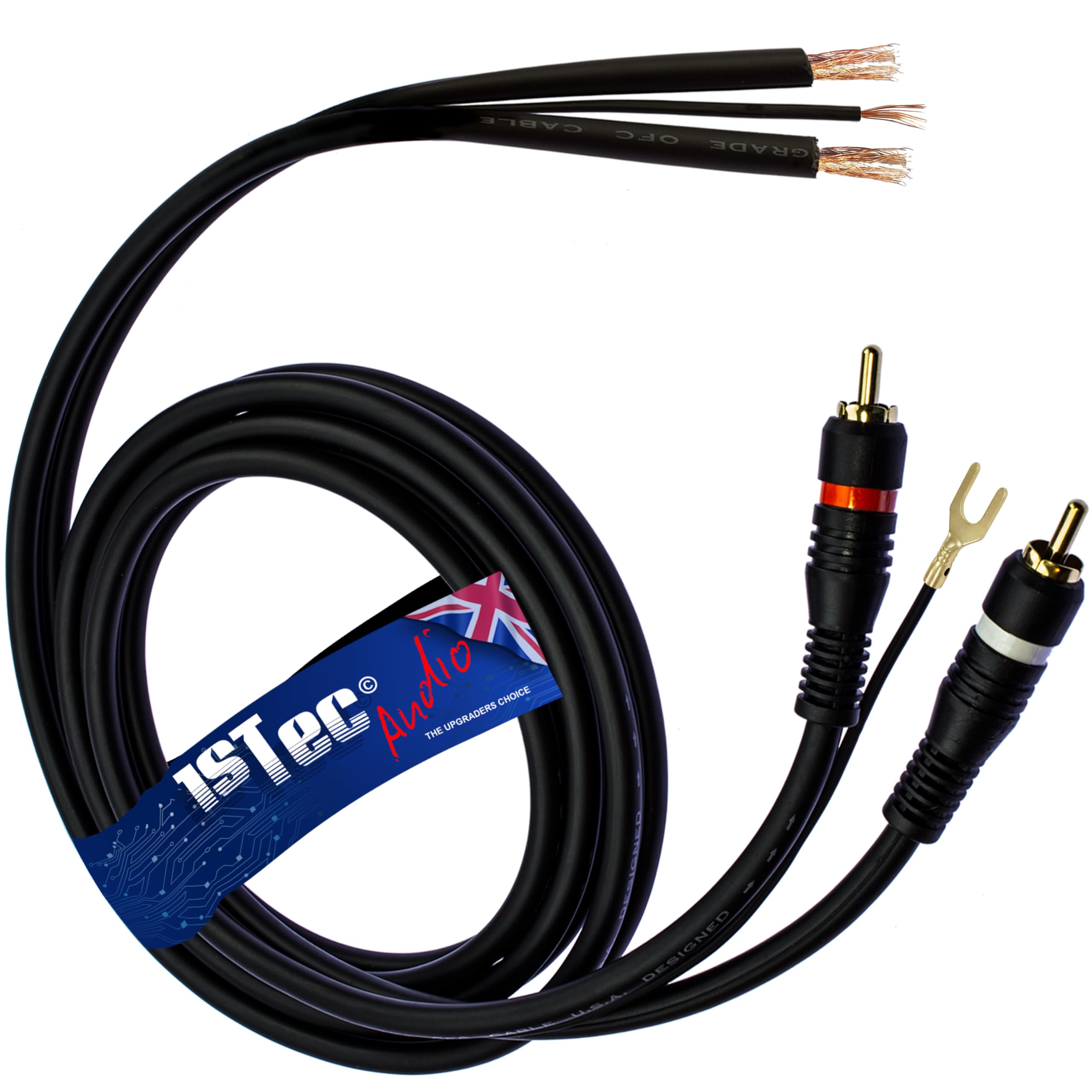 1STec 1.5m Twin Red + White Moulded RCA Plugs to Bare Wire Ends for Vinyl Player Shielded OFC + Earth Conductors stops Hum Humming Buzz Buzzing Feedback Noise from Amp - HiFi speakers (1.5 Metre)