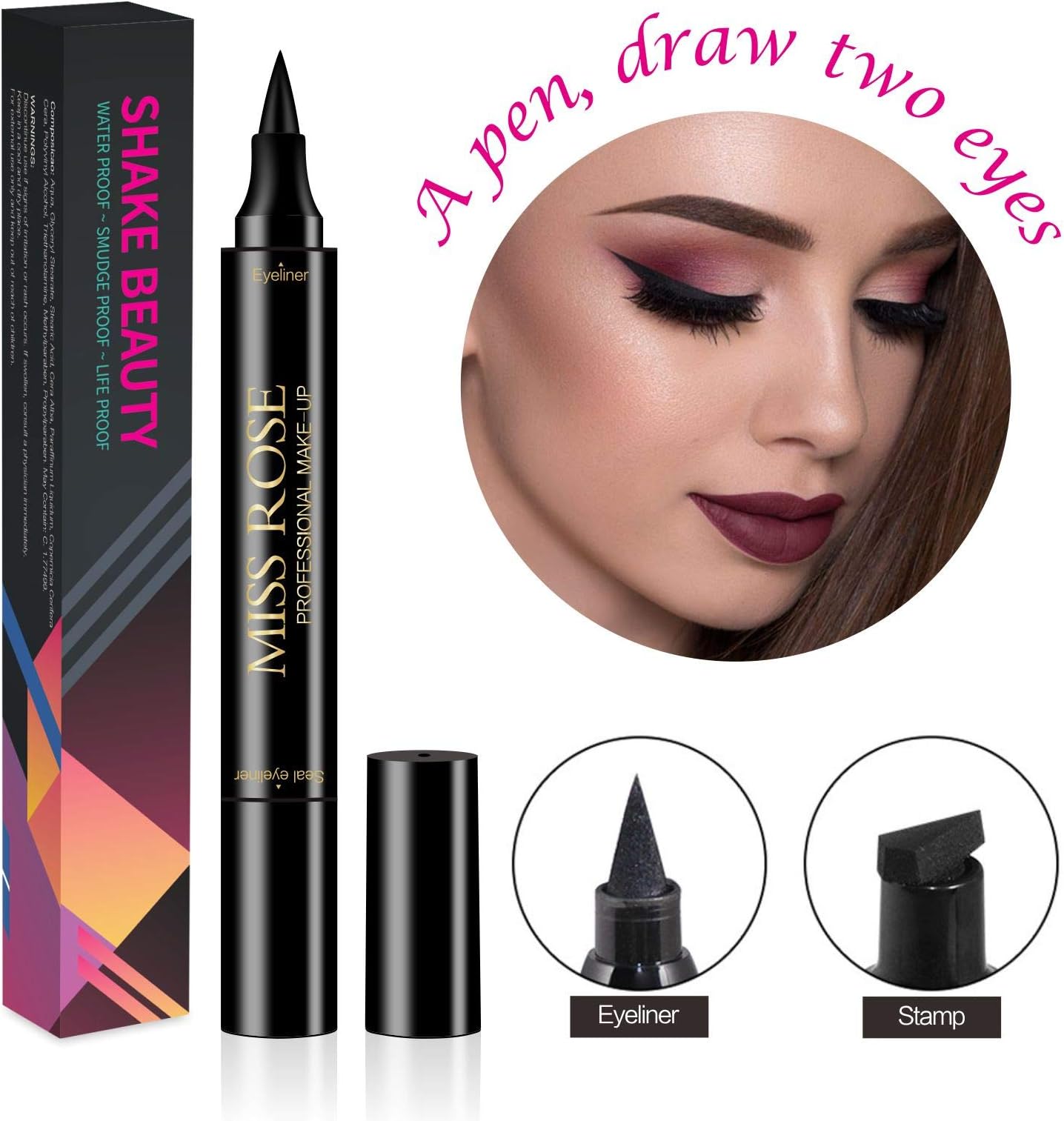 Shake Beauty Eyeliner Stamp - Vogue Effects Black, Waterproof Make Up, Smudgeproof, Winged Long Lasting Liquid Eye liner Pen, Vamp Style Wing, 1 Pens In A Pack (10mm Classic)