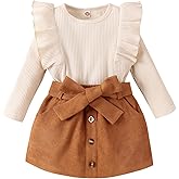 Licupiee Toddler Girls Fall Outfits 2Pcs Winter Clothes Set Spring Casual Long Sleeve Ruffle Tops and Plaid Skirts Sets