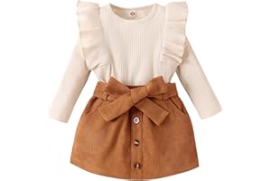 Fernvia Toddler Baby Girl Fall Winter Skirt Set Turtleneck Ribbed Long Sleeve T-Shirt Top & Plaid Skirts Dress 2Pcs Outfits