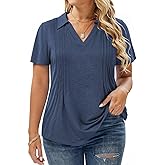 Plus-Size-Summer-Tops for Women Casual Collared V Neck Polo Shirts Business Pleated Tunics Trendy Short Sleeve Blouses