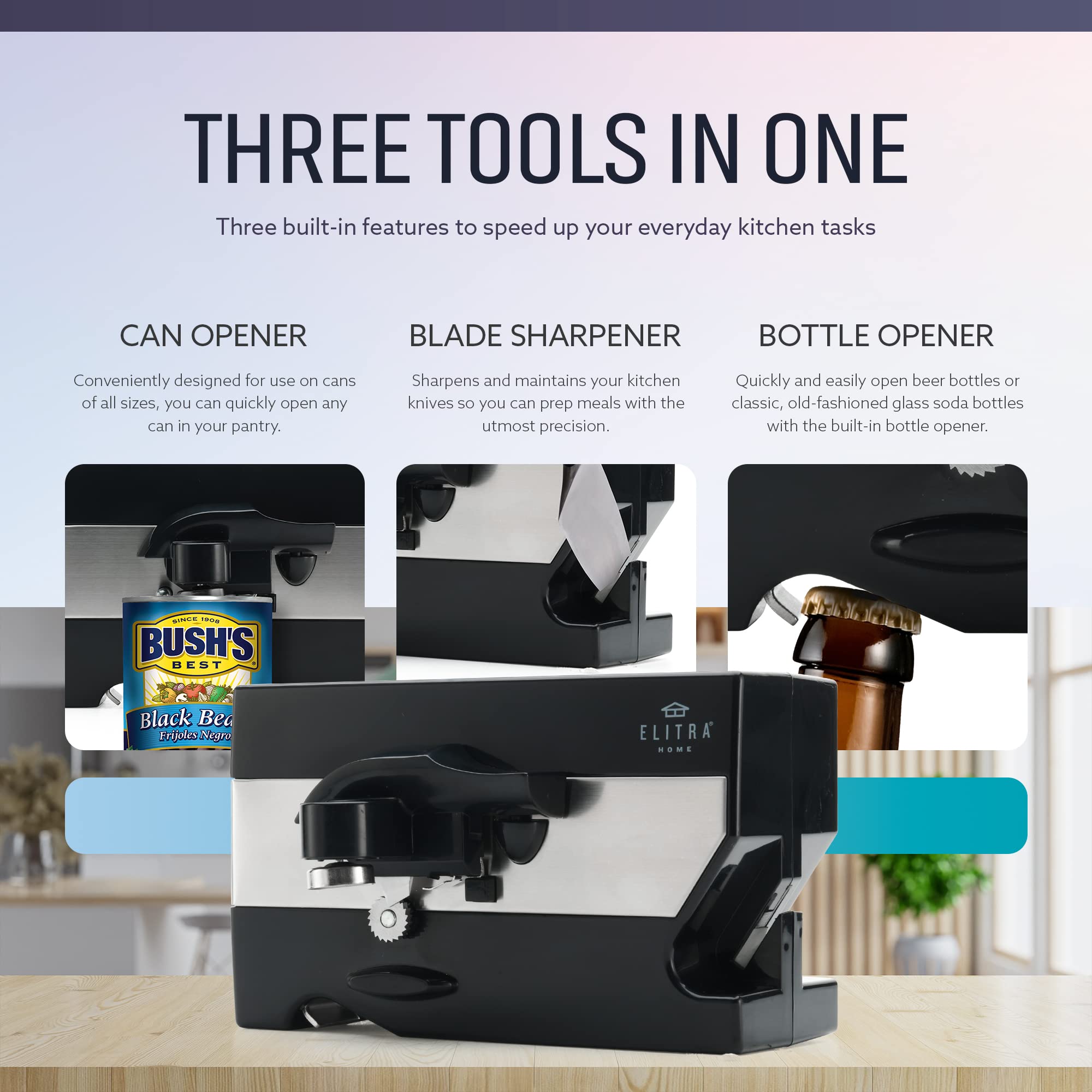 3 in 1 Under the Cabinet Electric Can Opener, Blade Sharpener, Bottle Opener, Under The Counter Mount, For Large And Small Cans (Black)