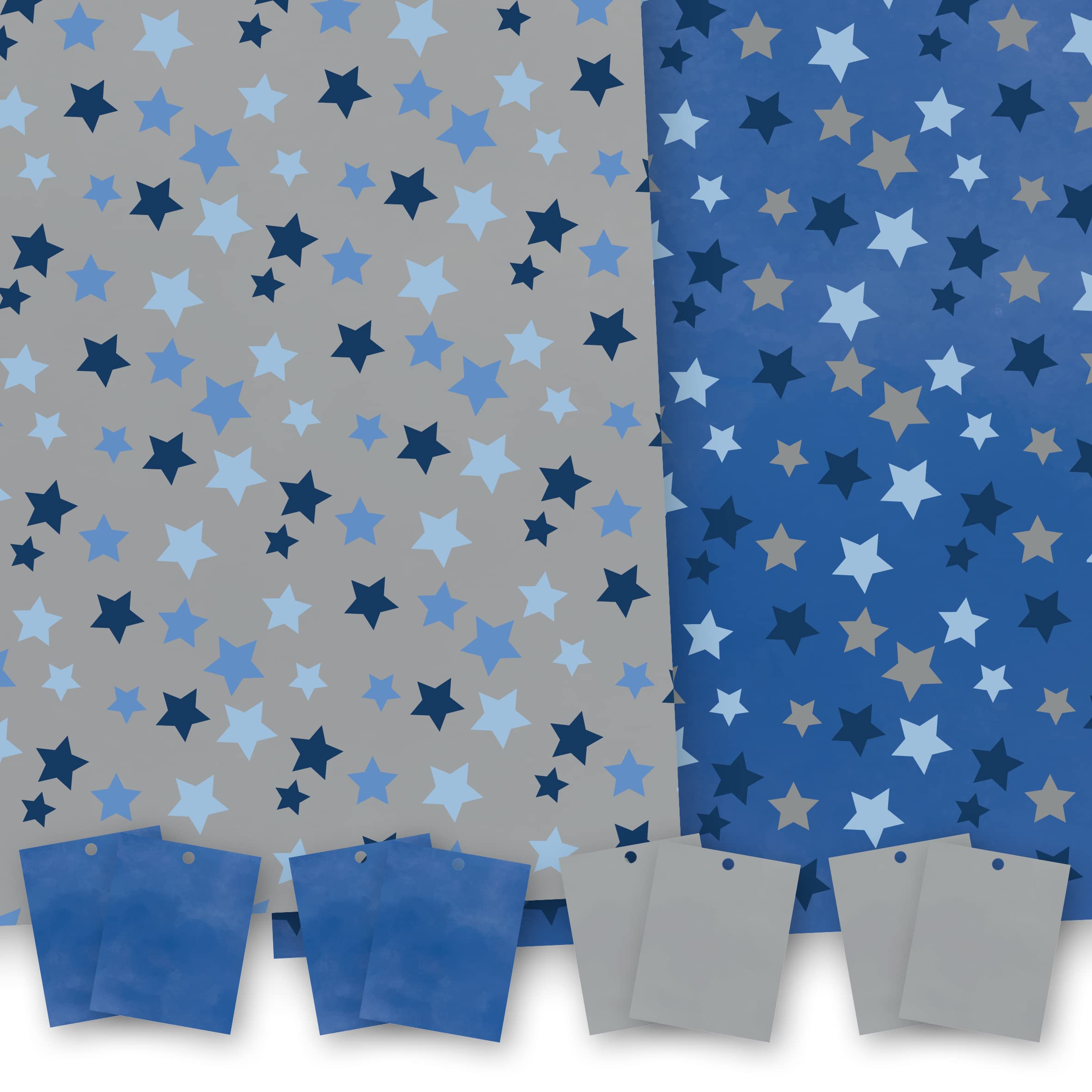 Mens Wrapping Paper for Christmas and Birthdays. Blue & Silver Star Twin Pack. 8 XL Sheets (50 x 70cm), 4 of Each. Gift Wrap with Tags. Cutting Grid on Reverse. for Dad, Father, Husband, Brother, Son