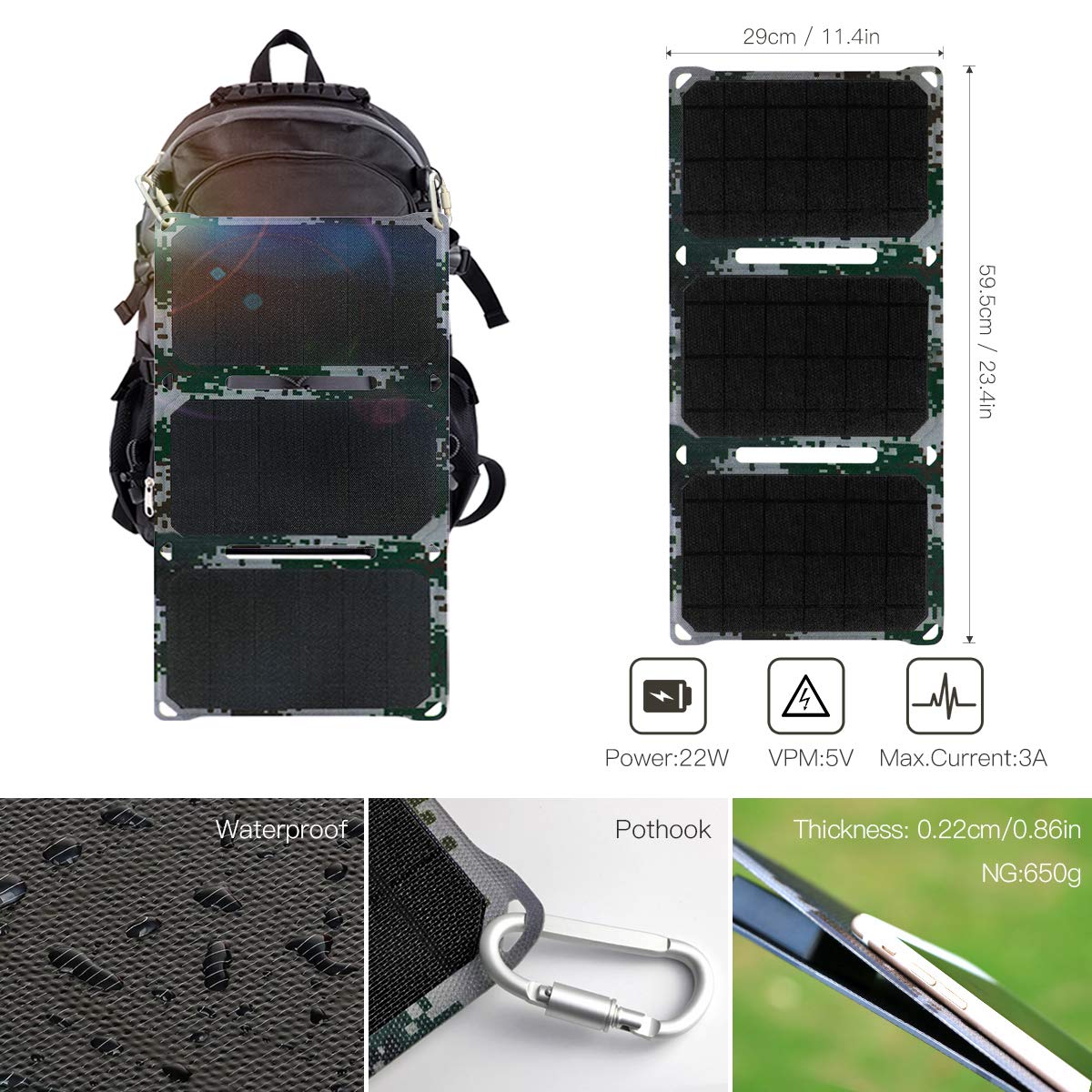 21Watts 5 Volts Solar Panel with Dual USB Ports,Waterproof & Foldable Solar Charger for iPhone,iPad,Android,Power Bank and Other Devices