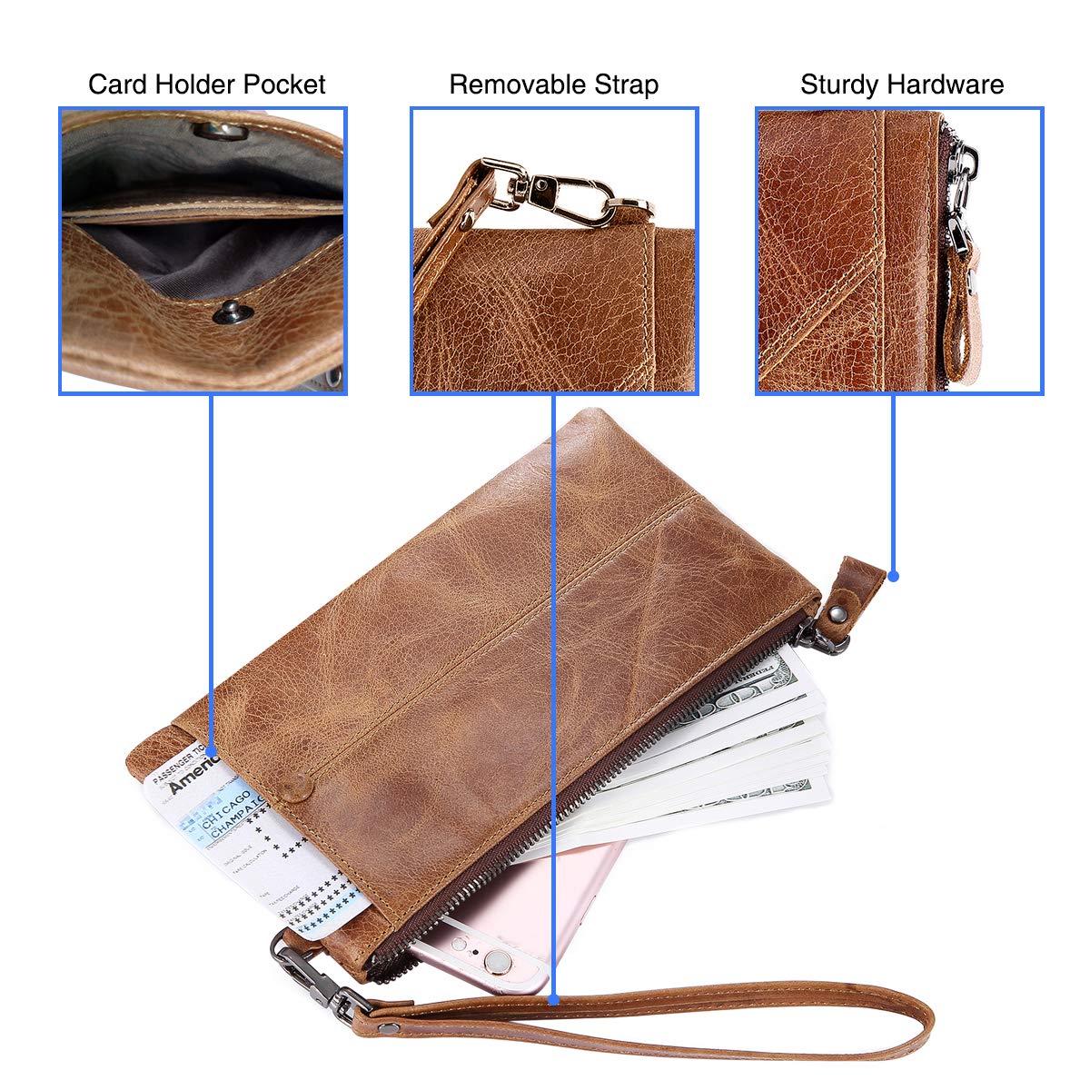 IVESIGN Zipper Wallet RFID Blocking Credit Card Holder Genuine Leather With Wristlet