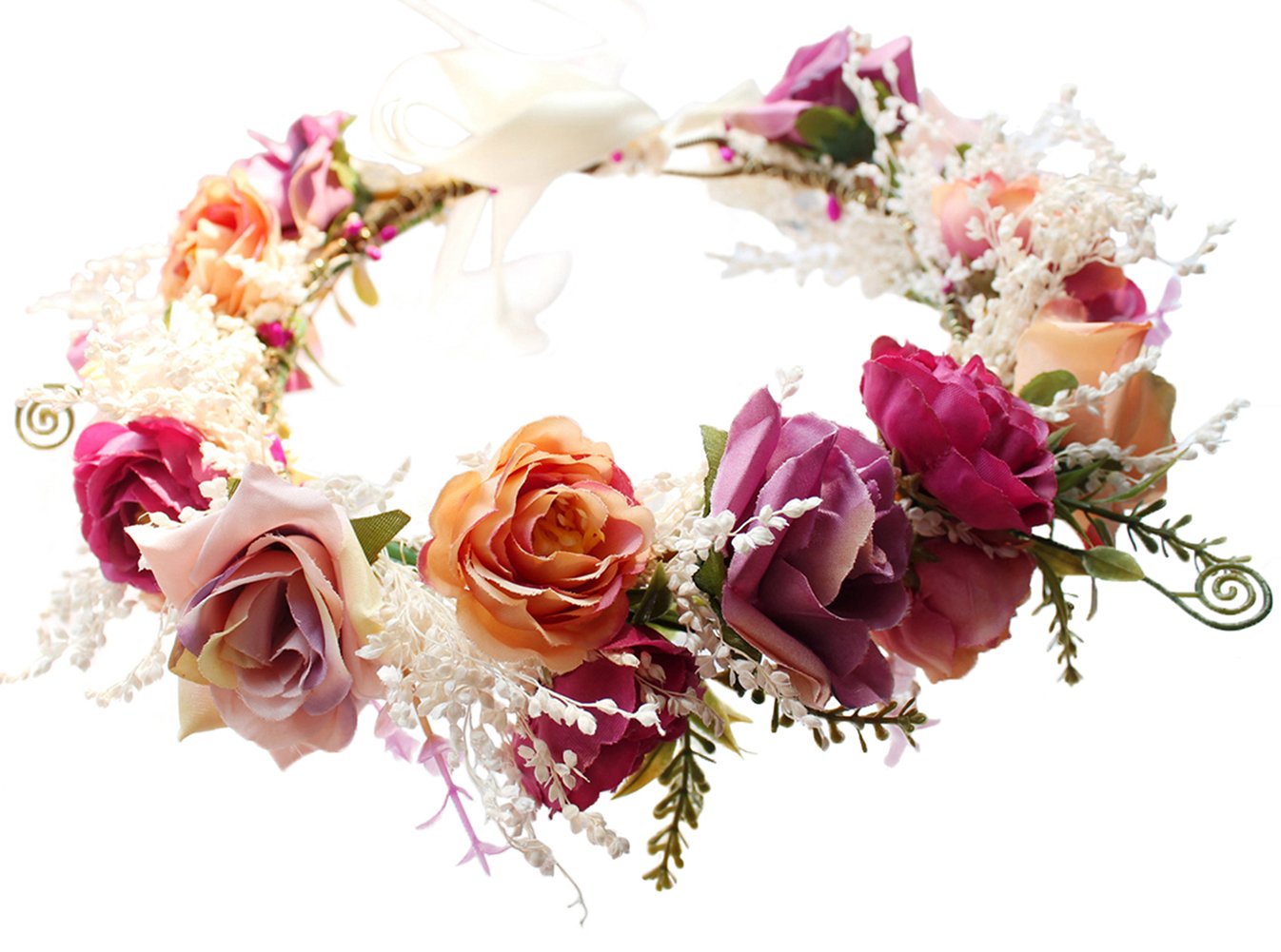 Brikuinr Floral Crown Headband Flower Garland Headband Hair Wreath Hair Garland Flower Halo Floral Headpiece Boho with Ribbon Wedding Party Festival Rosy