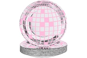 FunisFun Disco Plates 25P Disposable Disco Ball Plates for 70s Disco Party Decorations Wedding Birthday Bachelorette Party 7" Pink
