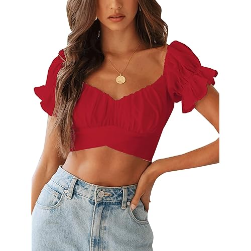 LYANER Women's Ruffle Short Sleeve Tie Up Back Crop Top Off Shoulder Bardot Blouse