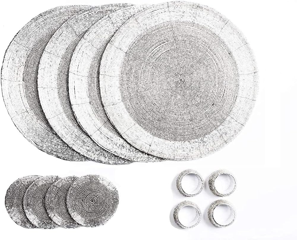 Penguin Home Handcrafted Glass Beaded Placemats Coasters Napkin Rings Set 12