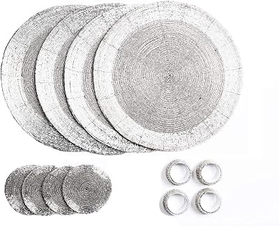 Penguin Home Handcrafted Glass Beaded Placemats Coasters Napkin Rings Set 12