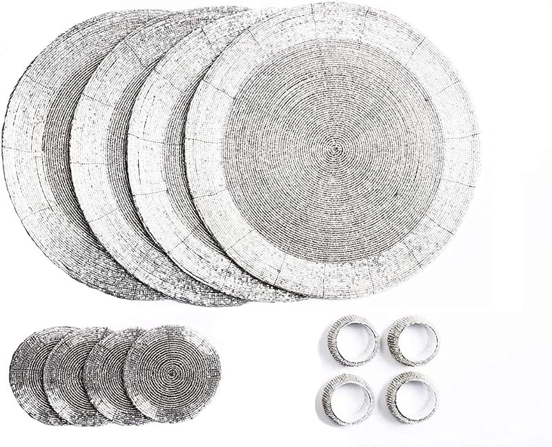 Penguin Home Handcrafted Glass Beaded Placemats Coasters Napkin Rings Set 12